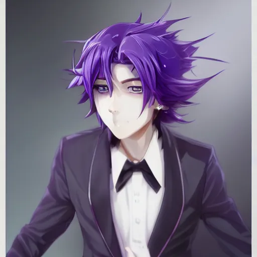 Prompt: beautiful anime shion with purple hair, ( ( ( ( ( horn ) ) ) ) ) ( ( ponytail ) ) ( ( ( purple eyes ) ) ), a purple tuxedo, sharp focus, intricate, cell shaded, award winning photography, cinematic, digital painting, cinematic, wlop, 8 k, by ross tran, tom bagshaw