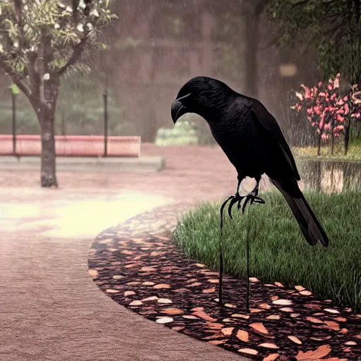 Image similar to a friendly crow in a park in a rainy day, digital painting, ultra detailed, unreal engine 5,