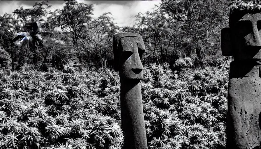 Prompt: black and white noir film. moai. cannabis plants everywhere.