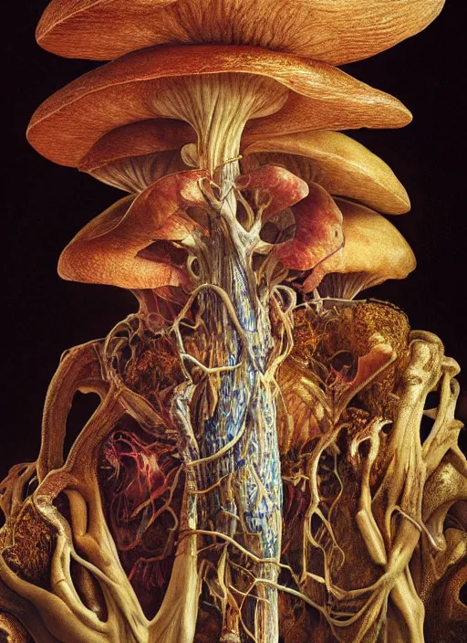 Image similar to magic mushroom with translucent skin, visible muscles and veins and arteries and bones and spines and nerves, beautiful detailed intricate insanely detailed octane render, 8k artistic photography, photorealistic, chiaroscuro, by David Cronenberg, Raphael, Caravaggio