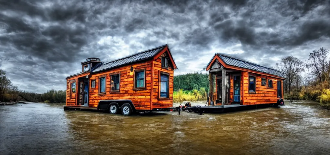 Image similar to tiny house, river, steampunk, 8k, realistic, high definition, 10 bit colour, hdr