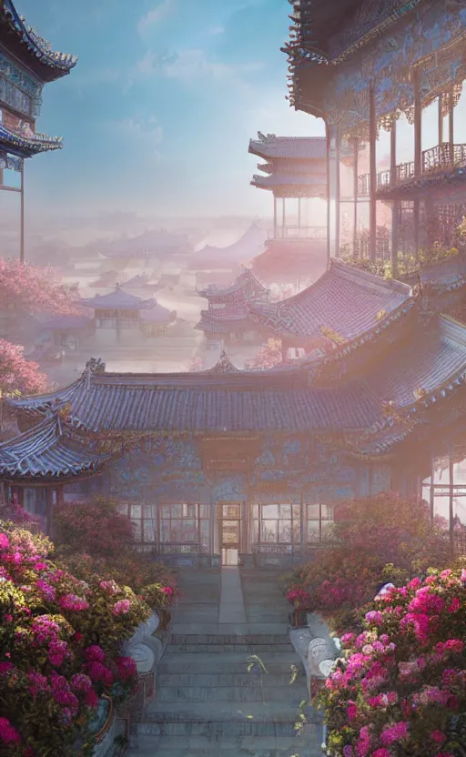 Image similar to vanishing point, palace covered with aqua blue roses like the forbidden city in distance at the red rose royal manor, viewed from afar, stephen bliss, misty, unreal engine, fantasy art by greg rutkowski, loish, ferdinand knab, and lois van rossdraws,, global illumination, radiant light, minimalist, detailed and intricate environment