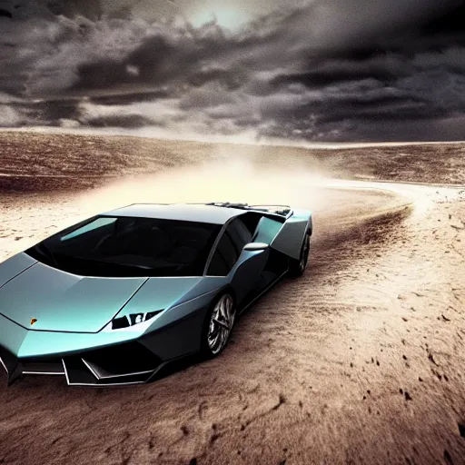 Prompt: A cinematic film still of a futuristic Lamborghini in the movie Interstellar.