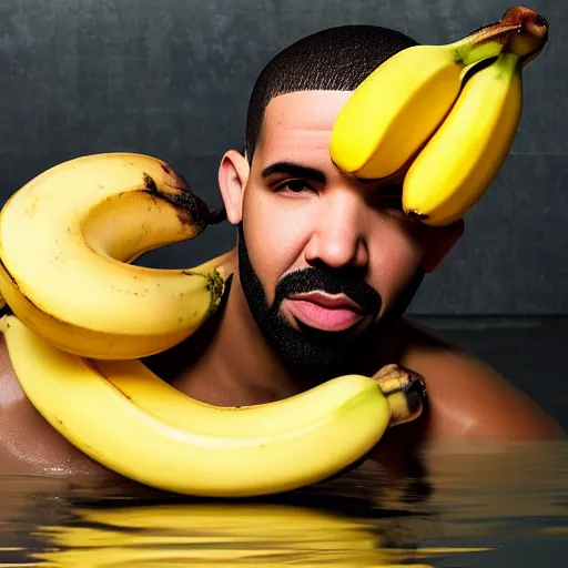 Image similar to Drake taking a bath with bananas, 8k, sharp, high details, detailed face