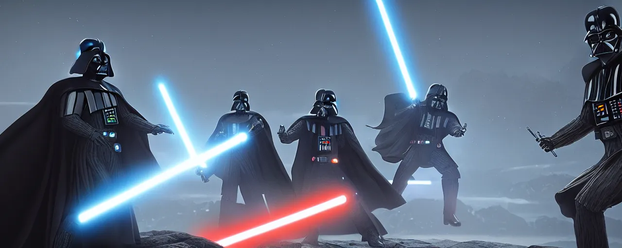 Image similar to darth vader and obi wan kenobi fighting with lightsaber on alien landscape, 8 k uhd, unreal engine, octane render in the artstyle of finnian macmanus, john park and greg rutkowski