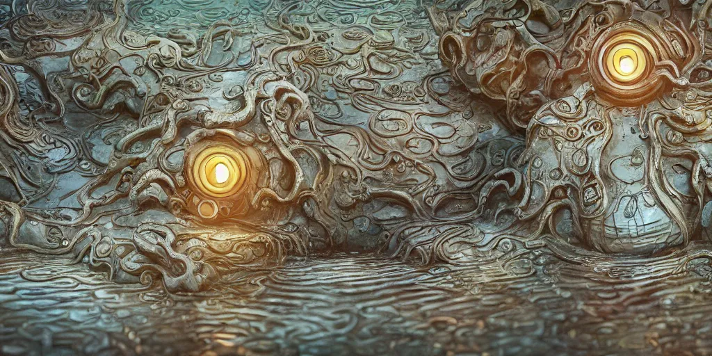 Image similar to of an intricate muddy water with strange cute friendly happy creatures with huge eyes, long tongue, round teeth and goofy funny face, appearing from the background, in the style of gehry and gaudi, macro lens, shallow depth of field, ultra detailed, digital painting, trending artstation, concept art, illustration, cinematic lighting, photorealism, epic, octane render