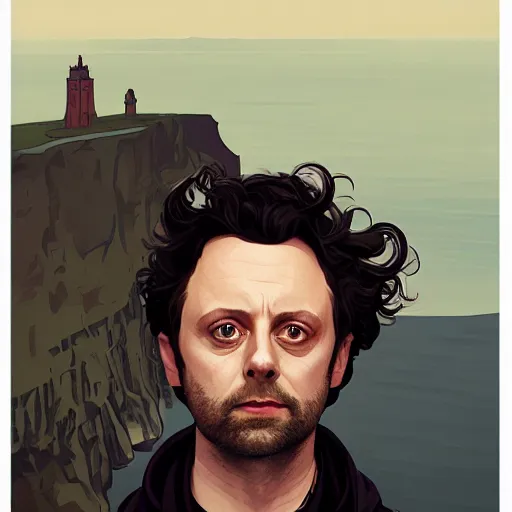 Prompt: portrait of michael sheen watching over the cliffs of moher, elegant, highly detailed, digital painting, artstation, concept art, matte, sharp focus, illustration, art by artgerm and alphonse mucha