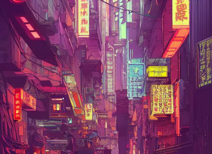 Image similar to a cyberpunk hong kong alley with robots and humans walking around by moebius, pixar color palette, clear details