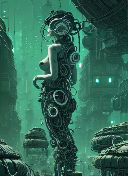 Prompt: highly detailed portrait of a biopunk long curly white hair tribal lady, stray wiring by atey ghailan, james gilleard, by joe fenton, by greg rutkowski, by greg tocchini, by kaethe butcher, 4 k resolution, gradient green, black and white color scheme!!! ( ( green slime robotic dystopian city background ) )