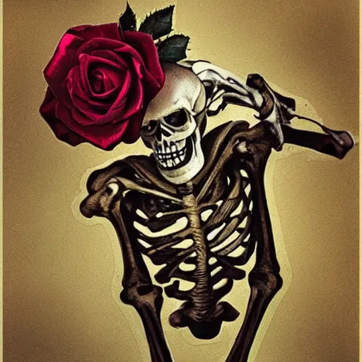 Prompt: a skeleton biting a rose, sinister, detailed