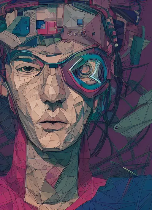 Image similar to abstract portrait, cyberpunk hero, floating detailes, very detailed face, leaves by miyazaki, colorful palette illustration, kenneth blom, mental alchemy, james jean, pablo amaringo, naudline pierre, contemporary art, hyper detailed