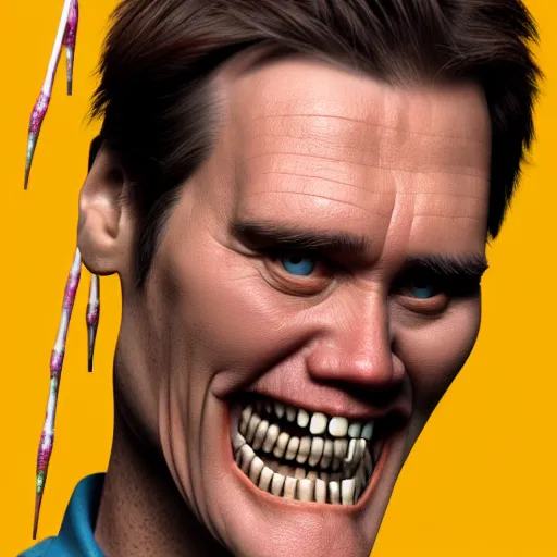 Image similar to jim carrey is fused into a slim jim, hyperdetailed, artstation, cgsociety, 8 k