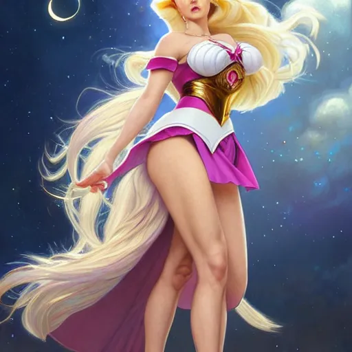 Image similar to Jennifer Connelly with blonde hair as Sailor Moon, western, D&D, fantasy, intricate, elegant, highly detailed, digital painting, artstation, concept art, matte, sharp focus, illustration, art by Artgerm and Greg Rutkowski and Alphonse Mucha