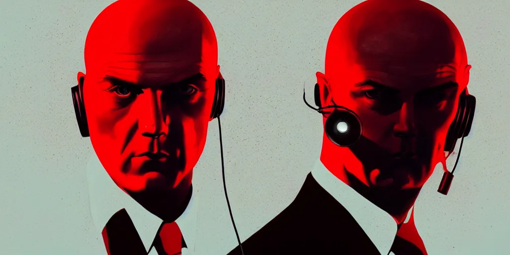 Image similar to a portrait of agent 4 7 from hitman wearing headphones in front of a wall of vinyl records, head being lit by red rim light, digital art, artstation, art by giger stalenhag