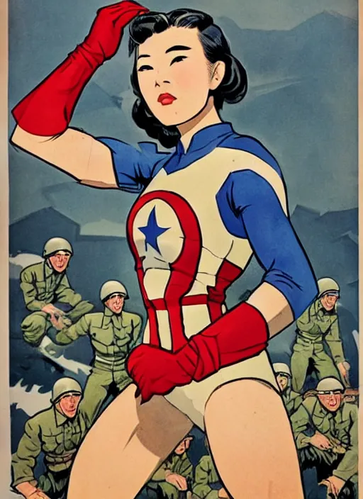 Image similar to beautiful female asian captain america standing on a pile of defeated, beaten and broken german soldiers. feminist captain america wins wwii. american wwii propaganda poster by james gurney. gorgeous face. overwatch