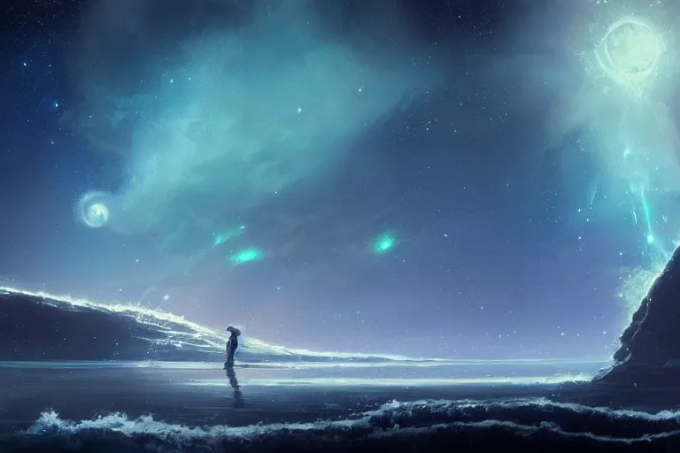 Image similar to the night sky is an upside down ocean, the stars are fish in the depths, the night sky is a sea, distant nebula are glowing algae, her hair is the milky way, the moon is an angler fish fantasy painting by jessica rossier