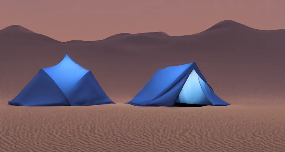 Prompt: hyper realistic matte painting of a small tent in the desert with dunes at midnight, dark blue color scheme, artstation, cgsociety