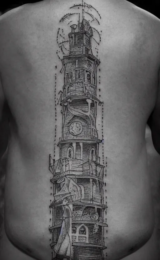 Image similar to an old man wearing a hat on top of a tower, ultra detailed, tattoo, 8 k