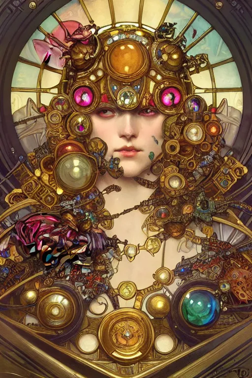 Prompt: panel of multicolored jewels with gold bugs and beetles with detailed armour, intricate details, realistic shaded , steampunk, cyberpunk, highly detailed, artstation, illustration by alphonse mucha and Greg Rutkowski