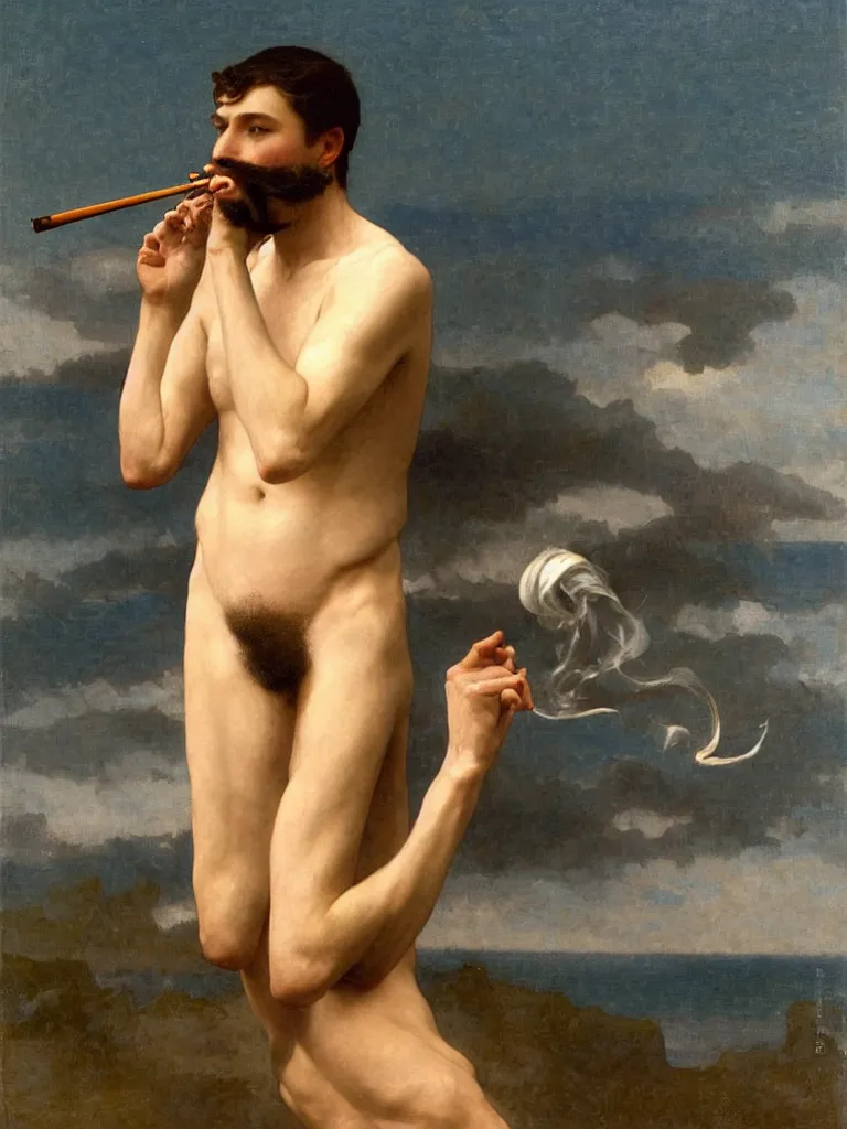 Image similar to long shot portrait of one young handsome danish man with mustache and muscles smoking a pipe in the sea, by bouguereau and by andrey remnev