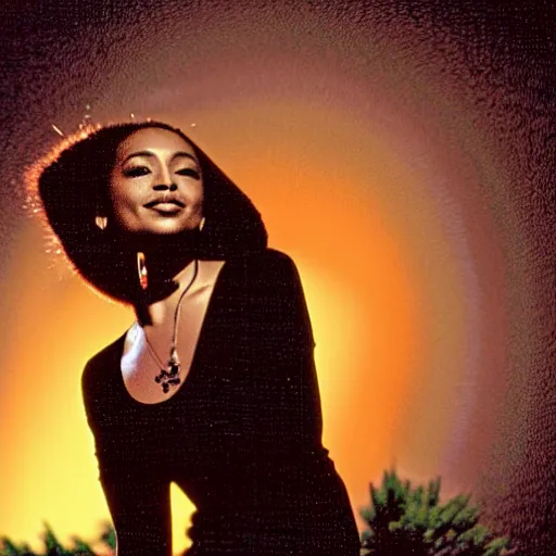 Prompt: picture of Sade Adu with sunset behind her singing while it's raining