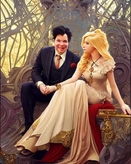 Prompt: Portrait of a  blonde lady and Michael mcintyre with Dogtanian, intricate, elegant, highly detailed, artstation, concept art, smooth, sharp focus, art by artgerm and greg rutkowski and alphonse mucha