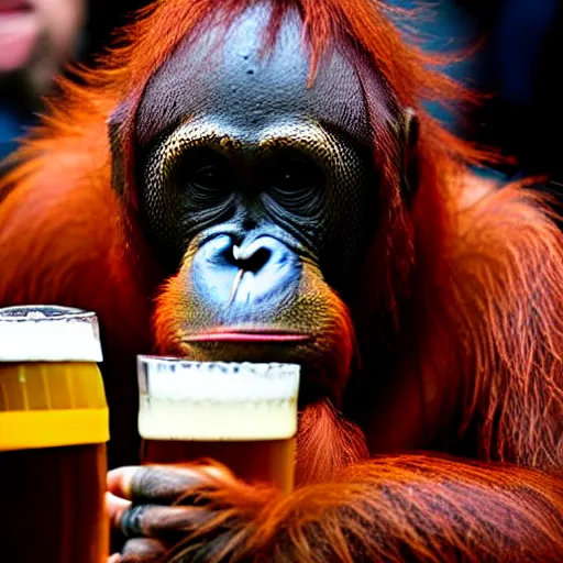 Prompt: orangutan at a pub with a pint of beer in his hand, highly detailed, realistic, beautiful composition, sharp focus, sharp focus