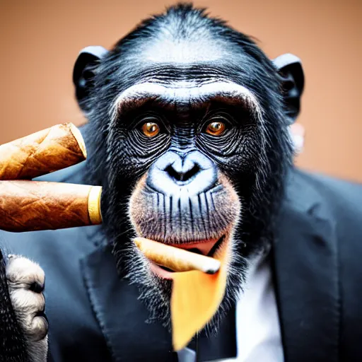 Image similar to a high detail closeup shot of a chimp wearing a suit, smoking a cigar