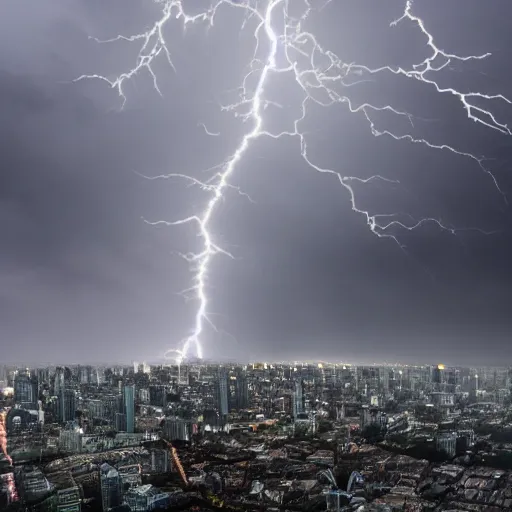 Prompt: an enormous creature towering over a city during a thunderstorm, 8 k, rtx on,