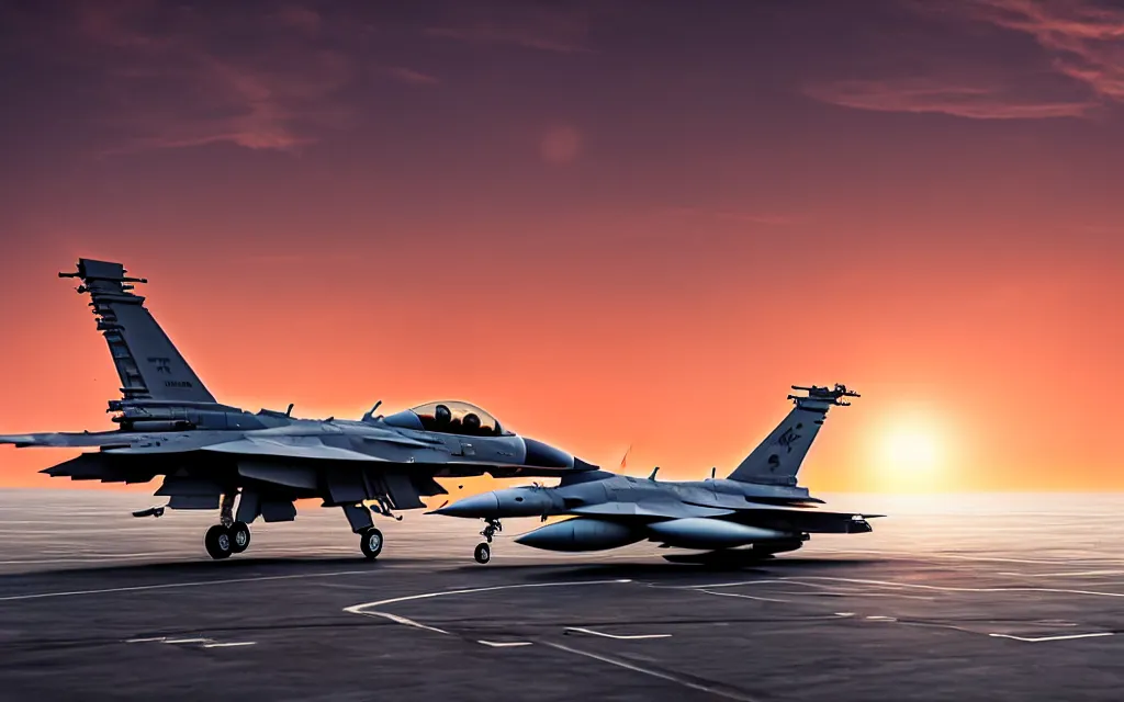 Prompt: full - view photo of an f 1 6 jet plane on an aircraft carrier deck in the sunset, hyperrealistic 8 k photo