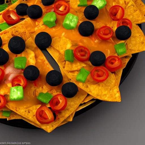 Image similar to photorealistic plate of nachos. hyperdetailed photorealism, 1 0 8 megapixels, amazing depth, rich colors, powerful imagery, 3 d finalrender, 3 d shading, cinematic lighting, artstation concept art