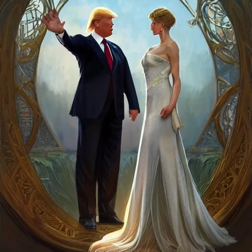 Image similar to vladimir putin marrying donald trump, elegant, highly detailed, digital painting, artstation, concept art, smooth, sharp focus, illustration, art by artgerm and greg rutkowski and alphonse mucha