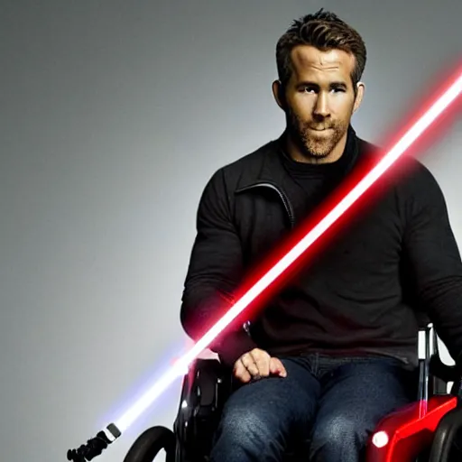 Image similar to ryan reynolds in a wheelchair holding a red lightsaber, good lighting,