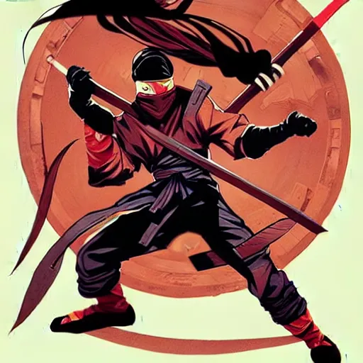 Image similar to concept art design illustration, ninja!!!, 1 6 colors, logo, ink drawing, art by jc leyendecker and sachin teng