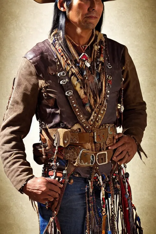 Prompt: thin native American Indian man in his early 30s, wearing cargo buckskin jacket buckskin tactical toolbelt pockets bandolier full of trinket and baubles, steampunk arcane shaman, deadlands, weird west