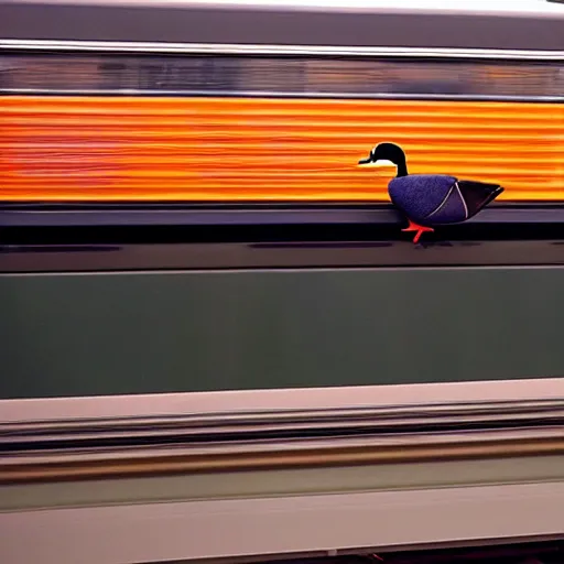 Prompt: A duck going home from work by train