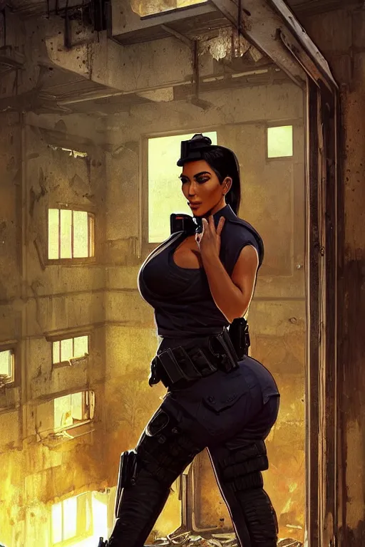 Image similar to photo of kim kardashian as a cop inside a derelict apartment, glowing walkie talkie, realistic, long shot, symmetrical, highly detailed, digital painting, artstation, concept art, smooth, sharp focus, illustration, cinematic lighting, art by artgerm and greg rutkowski and alphonse mucha