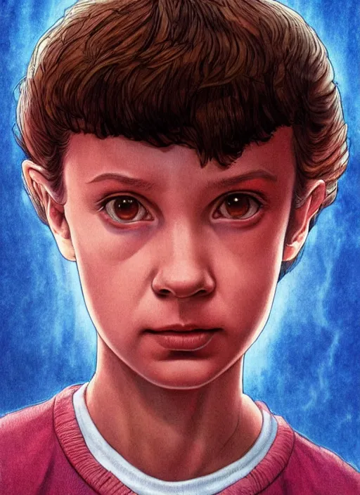 Image similar to eleven from stranger things, by yusuke murata, by dorian cleavenger, by zdzisław beksinski, trending on artstation