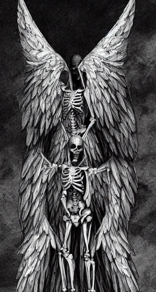 Image similar to a male skeleton with angel wings only, illustration style, symbolic, cinematic, dark and moody night scene, super detailed and intricate, elegant, hyper - realistic