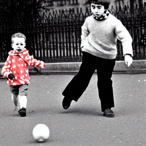 Image similar to a french boy on the streets of paris playing football against a corgi, the dog is wearing a polka dot scarf, book illustration, 1 9 6 6