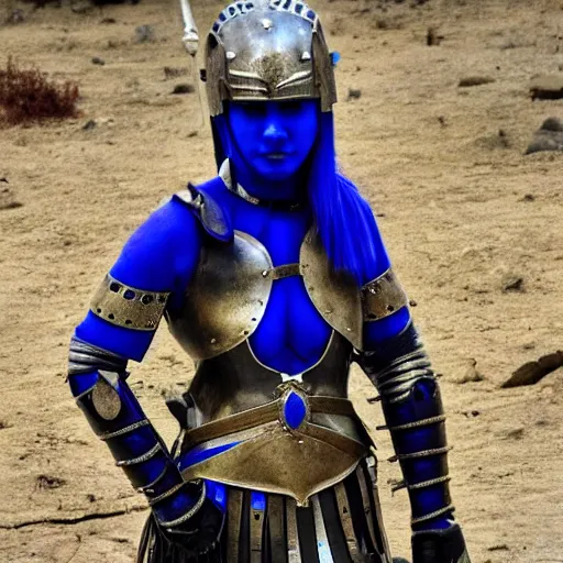 Image similar to photo of a female warrior with lapis lazuli armour and weapons