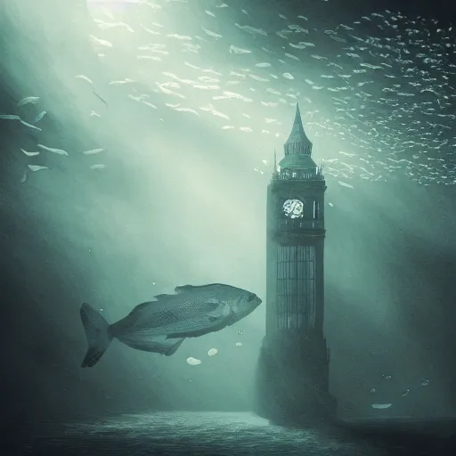 Image similar to underwater Big Ben, deep underwater, fish shoal, concept art in style of Greg Rutkowki, dynamic moody lighting, 4k, very highly detailed, hyper realistic