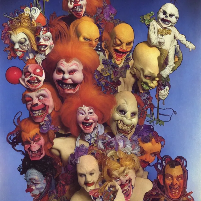 Image similar to Beautiful Studio Portrait of Killer Klowns from Outer Space (1988), oil painting by Alphonse Mucha and Arnold Bocklin, trending on artstation dramatic lighting hyperrealism 8k