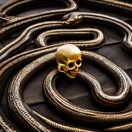 Image similar to infinite giant coiled snake with a metallic skull as the head, room interior, dark fantasy, XF IQ4, f/1.4, ISO 200, 1/160s, 8K, RAW, unedited, symmetrical balance, in-frame