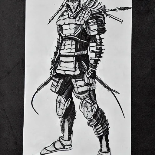 Prompt: japanese futuristic warrior with many scars, hard ink, no pencils, full body drawing