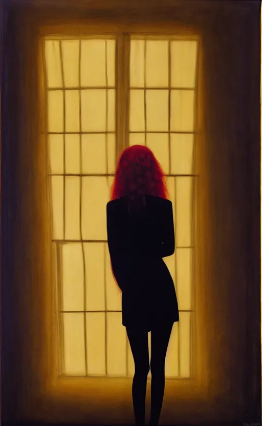 Prompt: portrait of a girl with long red hair, very beautiful style, girl standing in a black room by a window, wearing a gold suit, photorealism, deborah lou turbeville,