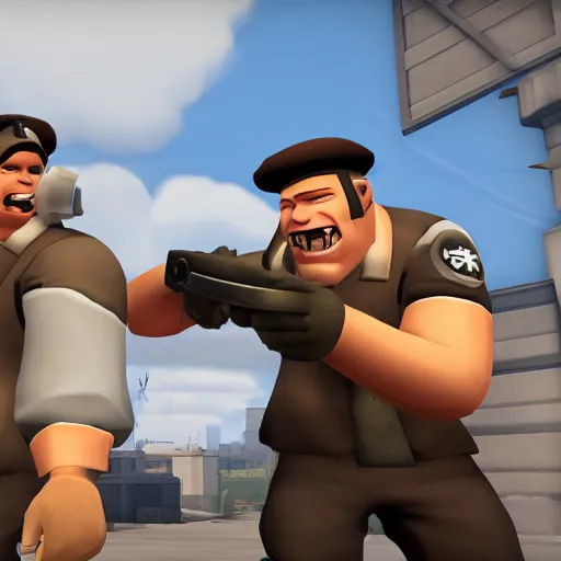 Prompt: Team Fortress 2 screenshot with Heavy eating Scout while Medic laughs