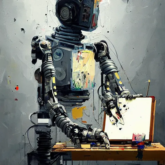 Image similar to robot artist painting a self - portrait on a canvas. intricate, highly detailed, photorealistic, film still, by ismail inceoglu.