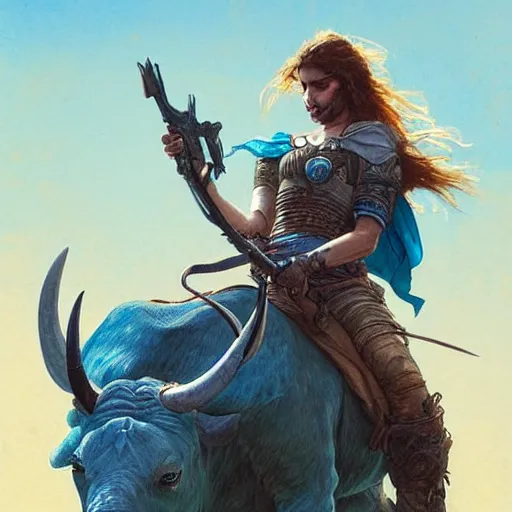 Image similar to Rugged ranger riding a blue bull in the desert, D&D, fantasy, intricate, elegant, highly detailed, digital painting, artstation, concept art, smooth, sharp focus, illustration, art by artgerm and greg rutkowski and alphonse mucha