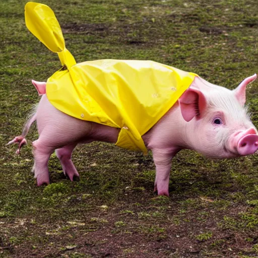 Prompt: photograph of a cute pig walking upright wearing a yellow raincoat